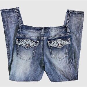 PAISLEY SKY 10 Rhinestone Embroidered White Big Stitch Blue Cotton Denim Jeans